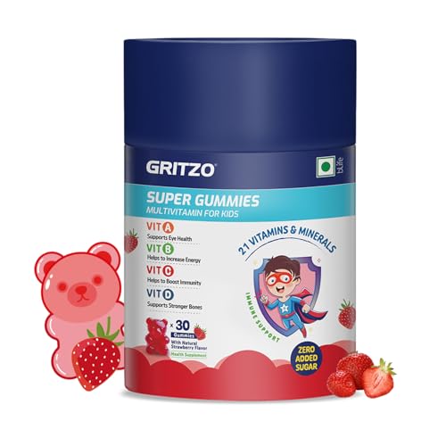 Gritzo Super Gummies, Multivitamin for Kids (Natural Strawberry Flavour, 30 Gummies) | Zero Added Sugar, 21 Vitamins & Minerals