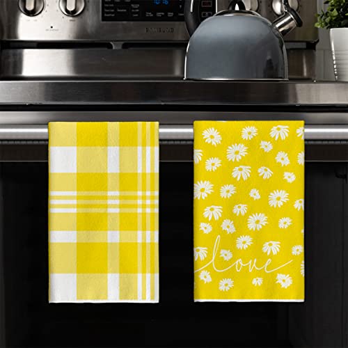 Artoid Mode Buffalo Plaid Daisy Live Life In Full Bloom Hello Sunshine Home Kitchen Dish Towels, 18 X 26 Inch Ultra Absorbent Coffee Tea Bar Hand Towels Bathroom Gift For Cooking Baking Set Of 4 #TOP6