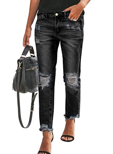 Paitluc Women Ripped Slim Fit Washed Jeans Raw Hem Distressed Denim Pants Black Size S
