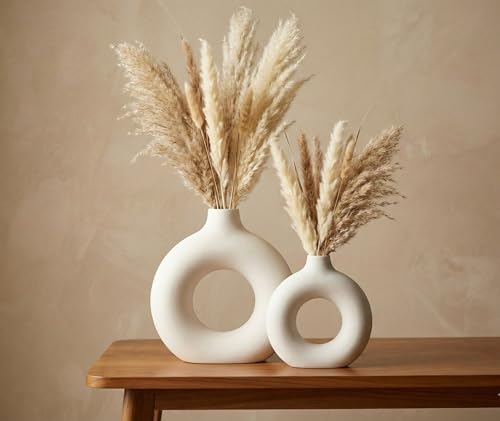 Image of Ceramic Donut Vase Modern Flower Vase | Decorative Centerpiece Vase for Pampas Grass Dried Flowers | Minimalist Home Office Table Decor | Handcrafted Gift (9+6 Inch (Pack-2))