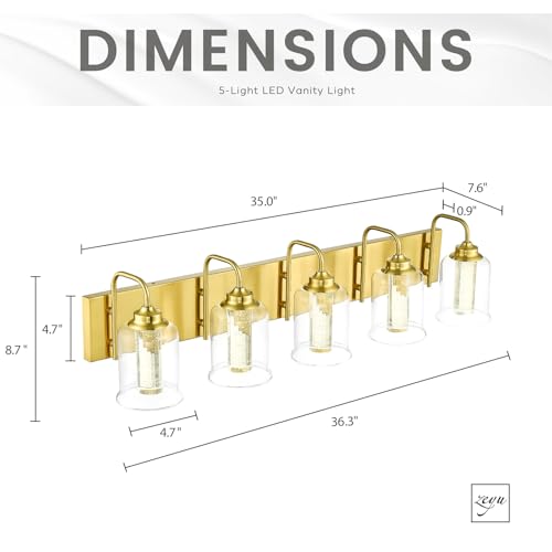 Image of zeyu 5 Light Bathroom Wall Light, 30W Dimmable LED Vanity Lighting with 5 Color Modes, Brushed Gold Finish with Crystal Bubble and Clear Glass, ZSL72B-5W LED BG