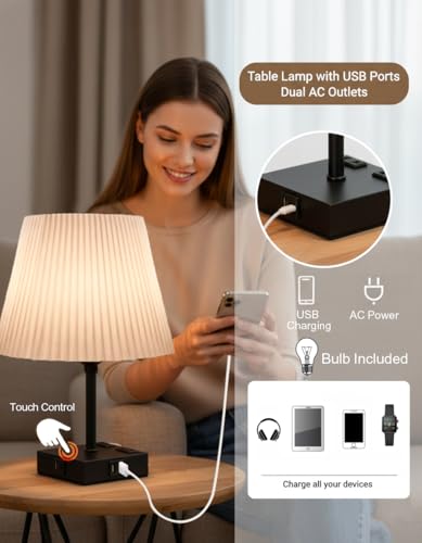 Image of Homesake Touch Table Lamp with USB A + Type C Charging Ports Dual AC Outlets, Touch Control, Medium Size, Bulb Included Night Stand, Bedside Desk Light Bedroom Living Room Office, (White Frill)