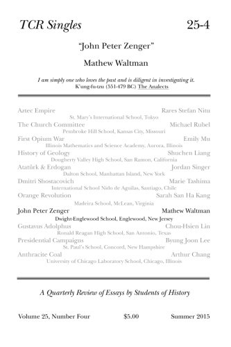 TCR Singles 25-4: John Peter Zenger: Volume 25