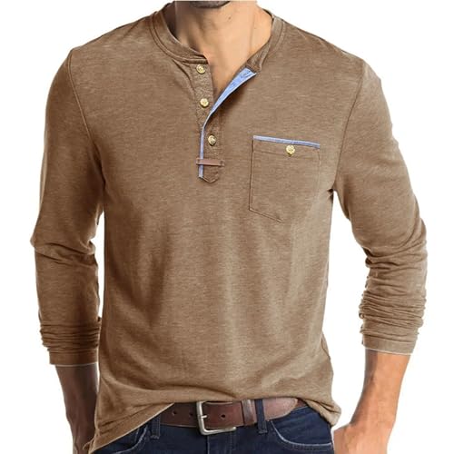 Mens Athletic Henley Shirts Casual Lightweight Long Sleeve Button Pullover with Pocket