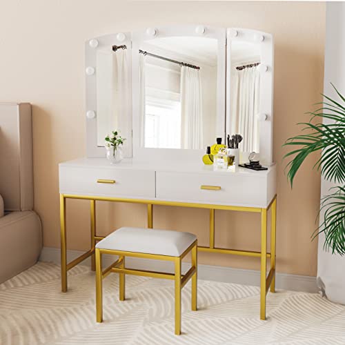 Makeup Vanity Desk with 3 Mirrors 10 LED Light Bulbs Vanity Set with 2 Large Drawers and Cushioned Stool Gold Metal Frame Dressing Table Dresser Desk for Women Girls Bedroom, White Makeup Vanity Desk with 3 Mirrors 10 LED Light Bulbs Vanity Set with 2 Large Drawers and Cushioned Stool Gold Metal Frame Dressing Table Dresser Desk for Women Girls Bedroom, White