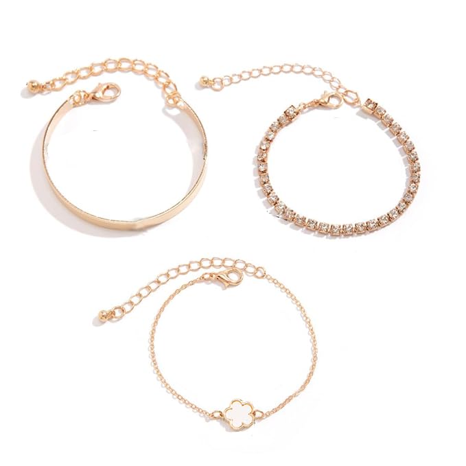 Pulsera Brazalete Mujer Set 3 Piezas Joyería Elegante Oro Trébol Flor Cristal Ajustable Cadena Delicada Acero Inoxidable Pulseras Apilables Regalo