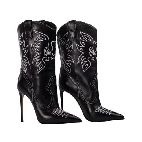 Image of Saint Leia Women's Embroidered Western Cowboy Stiletto Heel Boots Pointed Toe Pull-Up Tabs Classic Cowgirl Dress Boot