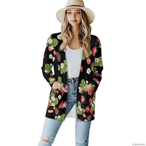 Image of Forchrinse Red Ladybug Cardigan for Women Causal Long Sleeve Open Front Cardigans Sweater Fashion 2024 Fall Coat with Pockets