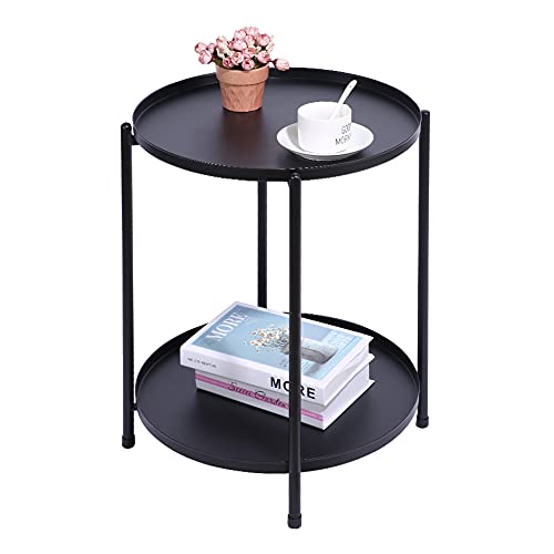 H JINHUI Round Side Coffee Tray Table, 2 Layer Metal End Table, Removable Tray Outdoor & Indoor Drink Snack Coffee Table Telephone Double Tier Table (Black)