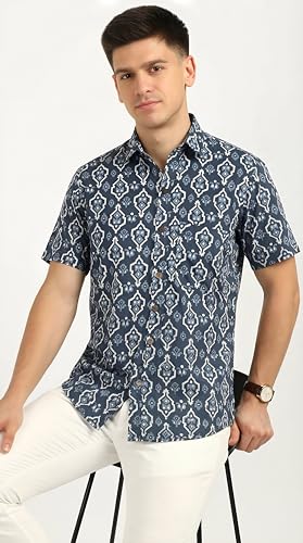 Image of BLOCKS OF INDIA Cotton Hand Block Print Half Sleeves Summer Shirt for Men