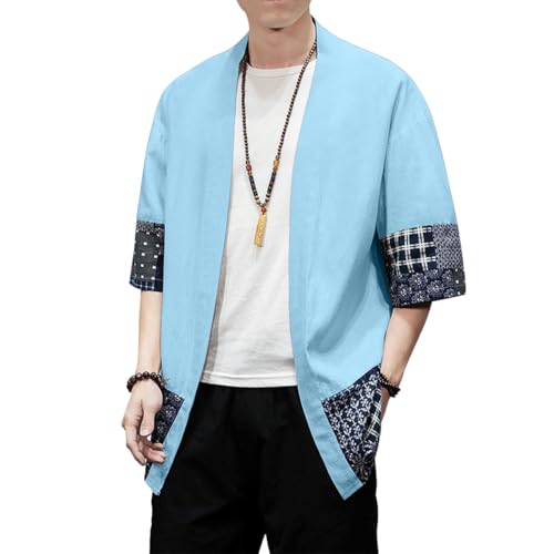 Image of PRIJOUHE Men's Kimono Jackets Cardigan Lightweight Casual Cotton Blends Linen Seven Sleeves Open Front Coat Outwear