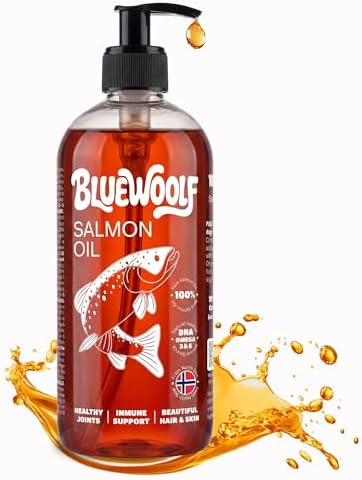 Aceite de Salmon Perros y Gatos 250ml con Omega 3 para Mejora Piel y Pelo Articulaciones y Sistema Inmunitario Salmón para Pienso, Barf y Comida Húmeda Oil for Dogs BlueWoolf