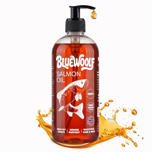 Aceite de Salmon Perros y Gatos 500ml con Omega 3 para Mejora Piel y Pelo Articulaciones y Sistema Inmunitario Salmón para Pienso, Barf y Comida Húmeda Oil for Dogs BlueWoolf