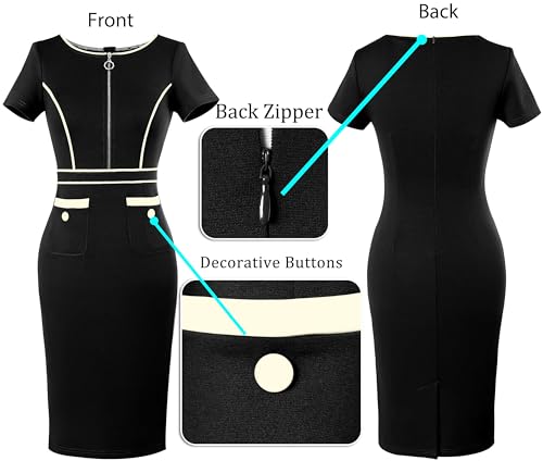 VFSHOW Womens 2024 Business Work Office Crew Neck Front Zipper Pockets Buttons Elegant Vintage Retro Bodycon Dress4