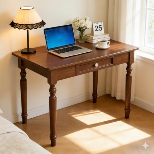 Schreibtisch mit Schublade aus Gummibaumholz Massivholz, 80cm Massivholz Computertisch Shabby Chic Schreibmöbel Unikat(Walnuss,31in)