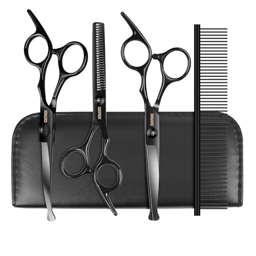 Dog Grooming Scissors Kit with Safety Round Tips, GEMEK Professional 5 in 1 Grooming Scissors for Dogs (Black 5 in 1)