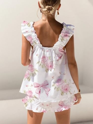 Image of ROAONOCOMO Women Floral Pajama Set Ruffle Babydoll Cami Top Coquette Pj Set Gingham 2 Piece Shorts Outfit Bridal Loungewear