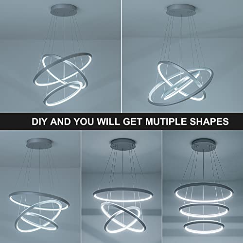 Royal Pearl Modern Led Chandelier 3 Ring Circular Chandelier Dimmable 23.6”Round Pendant Light Contemporary For Dining Living Room Foyer Bedroom 6000K Silver #TOP6