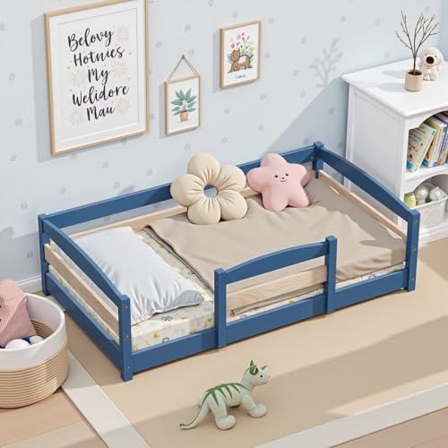 Standard Crib Size Toddler Bed Wooden Low Montessori Floor Bed Frame with 2 Enters and Safe Guardrails for Boys and Girls Mist Blue