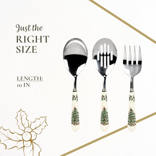 Spode Christmas Tree 3-Piece Stainless Steel Cutlery Set - Porcelain Handle Flatware with Meat Fork, Serving Spoon, & Slotted Spoon - Holiday Silverware for Christmas Dinners & Seasonal Gatherings