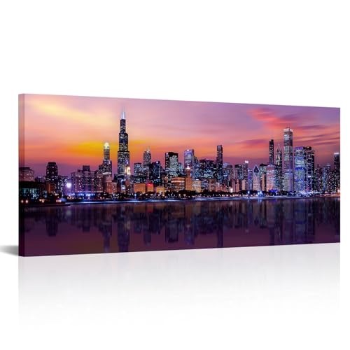 Fochorlo Chicago - Lienzo decorativo para pared, diseño moderno de ciudad y centro de la ciudad, para sala de estar, dormitorio, decoración del hogar, pintura de paisaje urbano, enmarcado, listo para