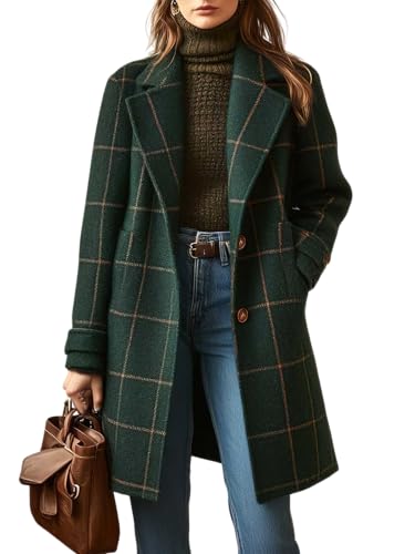 ebossy Women's Retro Plaid Pea Coat Notched Lapel Button Up Wool Blend Mid Long Overcoat with Pockets (XL, Blackish Green)