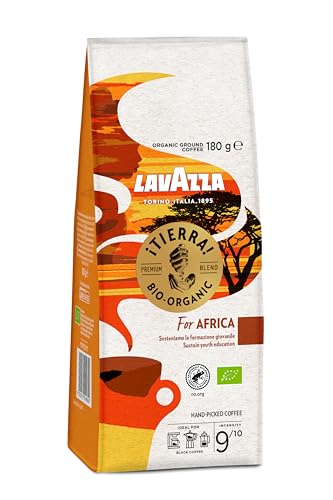 Lavazza, Tierra For Africa, Ground Coffee, 6 Packs of 180g, Ideal for Filtered Coffee, Full-bodied Taste, Intensity 9/10, Chocolate & Dried Fruit Notes, Organic Arabica & Robusta, Medium Roast