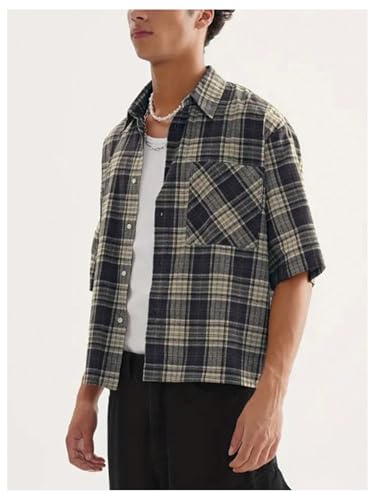 GORGLITTER Men's Plaid Cropped Shirt Button Down Short Sleeve Vintage Streetwear Baggy Collar Vacation Crop Tops2