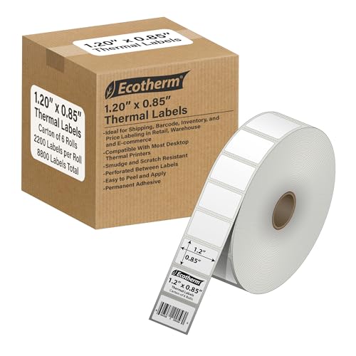 1.2" x .85" Thermal Labels | 6 Rolls | 16260 Labels | fits Zebra, Godex, Arkscan, iDPRT, Offnova Thermal Label Printers and More | Blank White Adhesive Stickers by Ecotherm