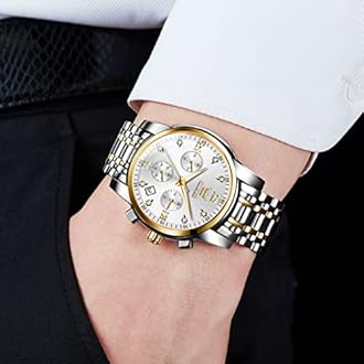 OLEVS Men's Stainless Steel Chronograph Watch, Big Face Gold Silver Black Tone Easy to Read Analog Quartz Watch, Luxury Waterproof Date Diamond Roman Arabic Numerals Dial Dress Watch for Men