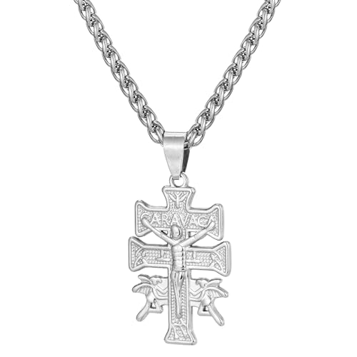 SAELACY Catholic Caravaca Crucifix Cross Pendant with Cherub Angel Necklace for Women Men 14K Silver Tone Stainless Steel with 3mm Wheat Chain Necklace 20+2 (white chain length:20+2)