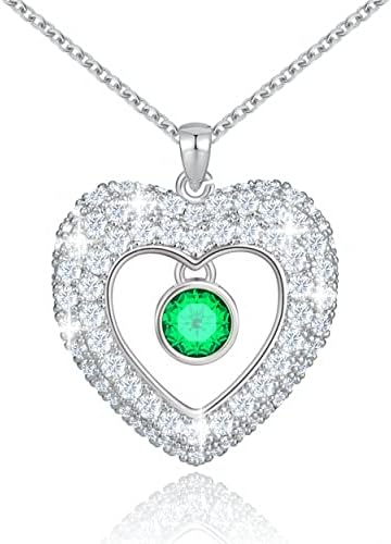 Beauyist Love Heart Birthstone Necklaces for Women & Girls, Pendant Necklace Mother's Day Anniversary Birthday Jewelry Gifts for Wife/ Girlfriend/Mother/Her, Double Side 5A Cubic Zircon Decor 18k White gold-Emerald Green