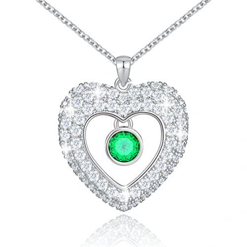 Beauyist Love Heart Birthstone Necklaces For Women & Girls, Pendant Necklace Mother's Day Anniversary Birthday Jewelry Gifts For Wife/ Girlfriend/Mother/Her, Double Side 5A Cubic Zircon Decor 18K White Gold-Emerald Green #TOP21