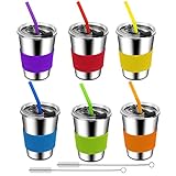 ShineMe Kids Cups with Straws and Lids, 12oz Spill Proof Toddle Straw Cups with Sleeves, Reusable Water Tumbler for Cold & Hot Drinks, Stainless Steel Sippy Cup 6 Pack