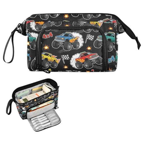 Image of Monster Truck Black Print Pencil Case Pouch Big Capacity Pencil Bag Box Organizer Pen Case with Compartmens Stationery Organizer for Girls Boys Women School College Office