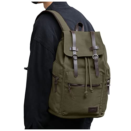 Sac À Dos en toile vintage homme, sac à dos rétro sac d'ordinateur portable 14 pouces,Voyage Travail Universitaire Sacs d'école Daypack,Plein air Randonnée en Toile Sac à Dos, C-Vert