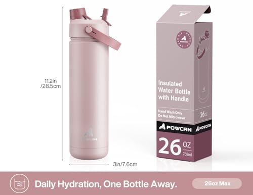 Image of POWCAN 26 oz Insulated Water Bottle with 2-in-1 Straw and Spout Lid, Keep Cold 24H, Leak-Proof, Fits in Car Cup Holder, Stainless Steel Water Bottle for Sports, Travel, Gym, and School (Dried Rose)