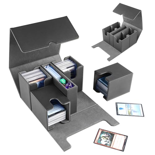 HG CHASING TRIBE デッキケース トレカケース 2024新アップグレードの5in1分離構造 PU レザー カード880+枚収納 大容量 スリーブ対応 サイコロ付きケース トレーディングカードケース (黒、グレー, 5in1/880+枚のカード収納セット)の画像