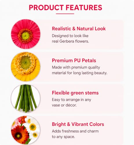 Image of CURATED CART Artificial Gerbera Daisy Flowers - Pack of 5 Faux Blooms, 30 cm | Real Touch PU Petals with Bendable Green Stems | Mixed Colours Flower Bouquet for Home, Kitchen, Office Decor (No Vase)