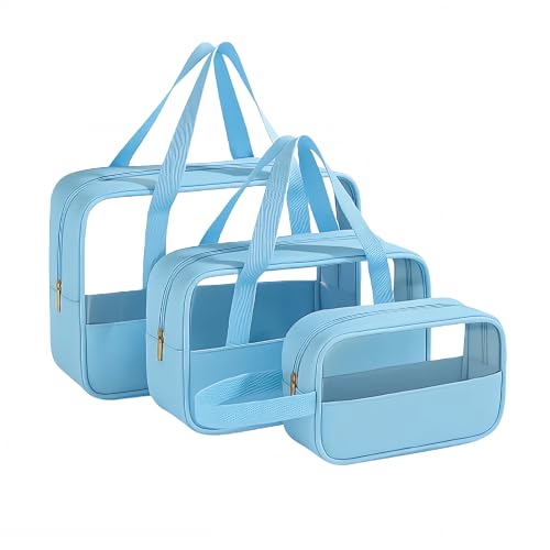 Kit Necessaire Transparente 3 em 1 Bolsa de Viagem para Maquiagem e Higiene Pessoal Unissex – Grande Capacidade, Organizador em PVC Impermeável, Ideal para Academia, Mala, Mala de Mão (Azul)