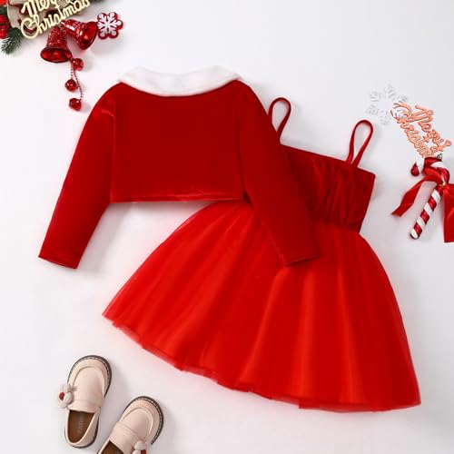 Little Girl Christmas Dress Velvet Cardigan+Santa Claus Strap Dress 2 Piece Cardigan Set 3-8T3