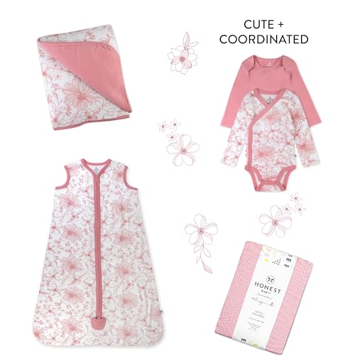 Image of HonestBaby Knit Stroller Blanket with Trim Detail and Baby Hat 100% Organic Cotton for Infant Boys, Girls, Sketchy Floral Pink (2-Pack), One Size