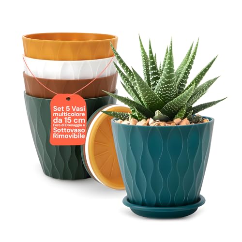 Avilia - Set 5 Vasi per Piante da Interno 15cm con Foro di Drenaggio, Sottovaso Rimovibile, Plastica Resistente Multicolore, Ideali per Arredare Casa con Stile e Coltivare con Facilità