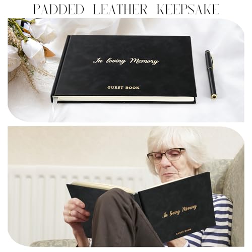 Image of Funeral Guest Book for Memorial Service in Loving Memory Funeral Guest Book with MemoryTable Sign & Back Pocket - Guest Sign in Book for Funeral Service (Black)