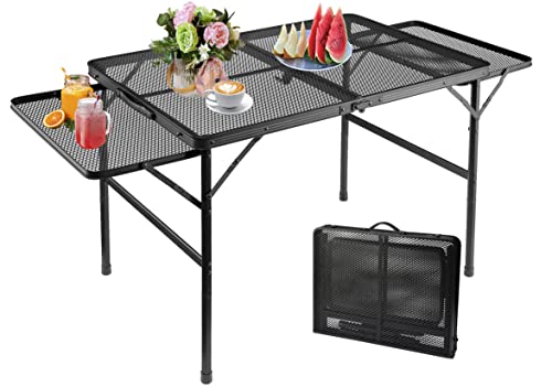 Skiken Family Camping Table With 2 Wing Panels, 4.5Ft Large Metal Desktop, Folding Picnic Table/Grill Table, Strong Steel Mesh, Carry Handle For Party, Outdoor, Rv, Bbq, Aluminum(4.5Ft, Black) #TOP19