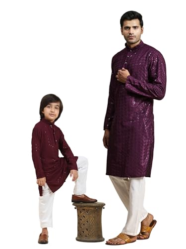 Image of Pro-Ethic Style Developer Men Silk Striped Father Son Matching Ethnic Wear Embroidery Mirror Work Kurta Pyjama Set |(Combo)B-117