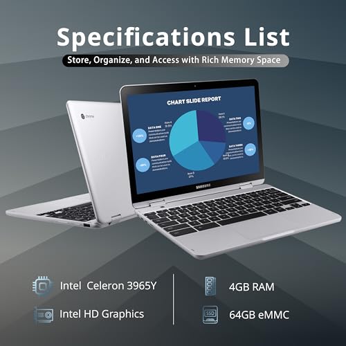 Image of Samsung Plus V2 2-in-1 12.2 inch Touchscreen Chromebook Laptop, Intel Celeron 3965Y, 4GB RAM, 64GB eMMC, 1M Front Camera, Wi-Fi, Bluetooth, MicroSD Reader, Stylus Pen, Chrome OS, Silver, 128GB USB Card