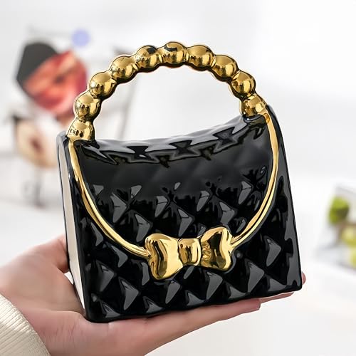 Taza de café única en forma de bolso con elegante lazo y mango festoneado, taza de cerámica novedosa para té y espresso, vasos decorativos coleccionables, en color negro.