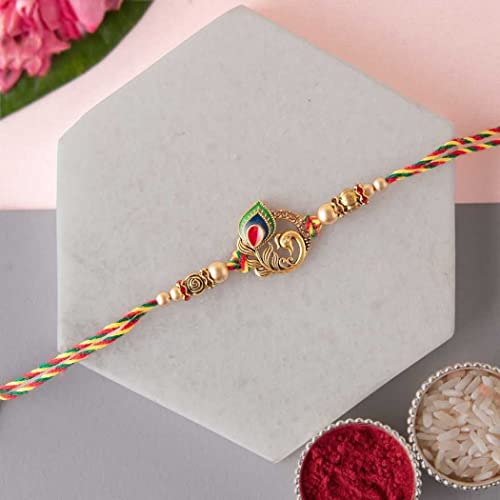 Image of eCraftIndia Golden Peacock Feather Designer Rakhi for Brother with Chocolate, Zuzy Almond Chocolate Box, Rakhi with Chocolate Gift - Roli Chawal Pack, Raksha Bandhan Greeting Card
