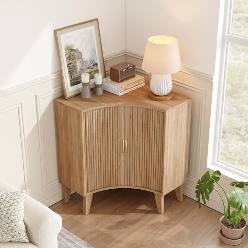 Image of Fluted Corner Cabinet, Small Corner Floor Cabinet with 2-Sliding Doors and Adjustable Shelves, Freestanding Narrow Organizer for Small Space,Living Room, Dining RoomBathroom.Natural